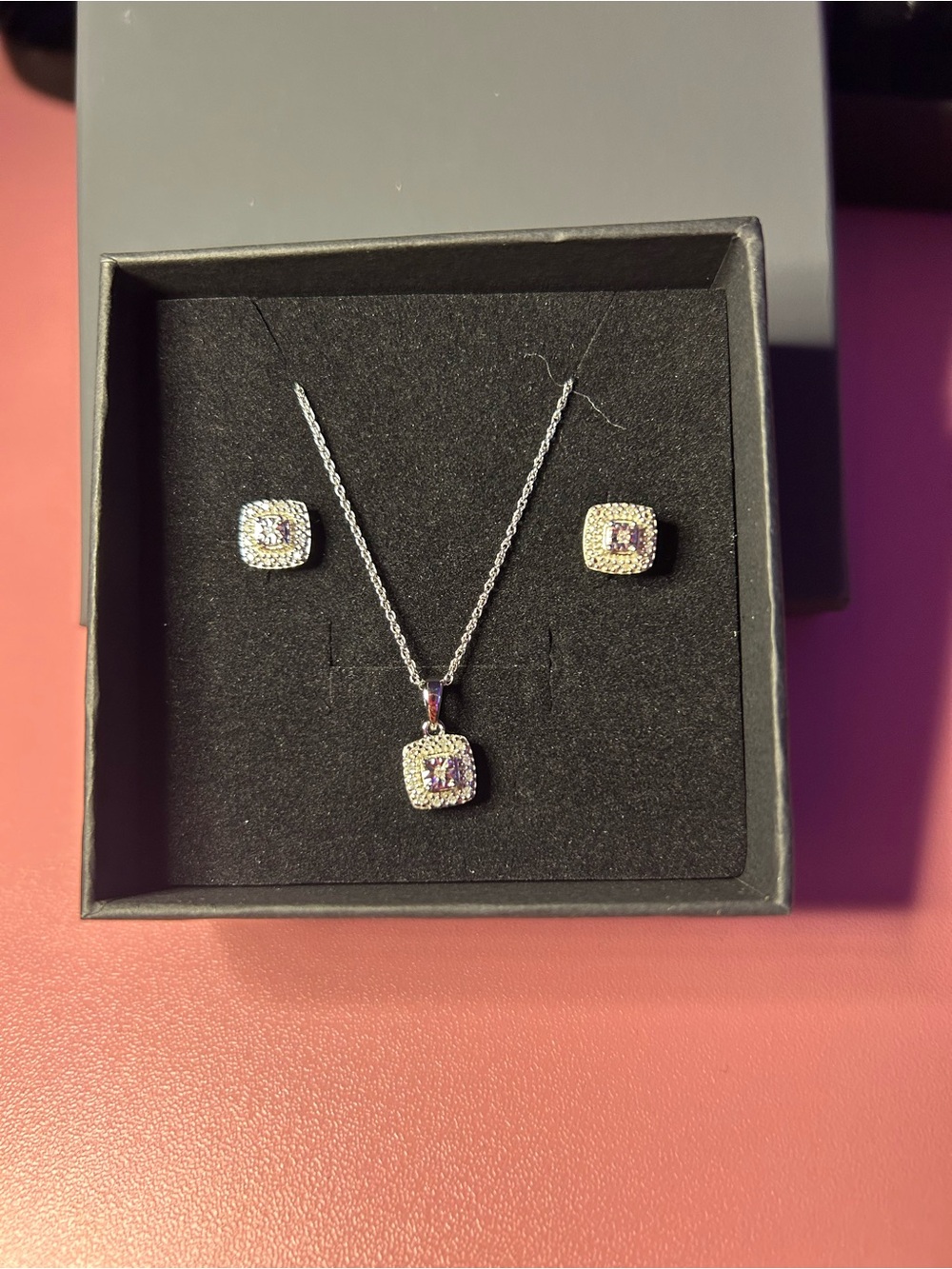 Sterling Silver Authentic Diamond Square Pendant Necklace and Studs